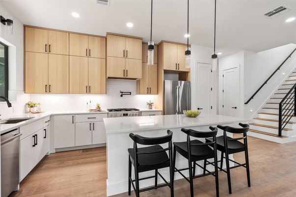 Interior, Kitchen, Pendant Lights, Recessed Lighting, Stainless Steel Appliances, Wood Texture Flooring