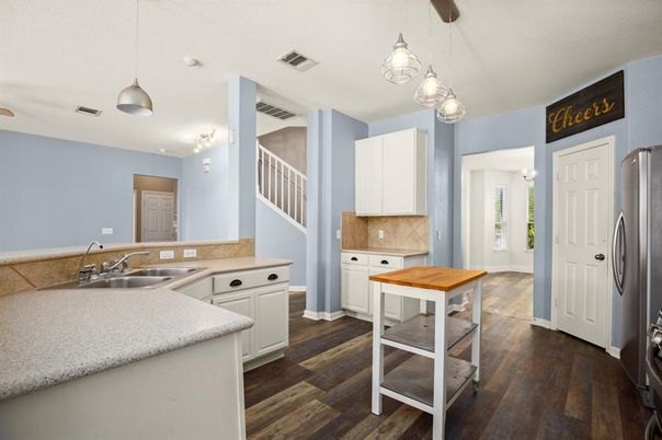 Interior, Kitchen, Pendant Lights, Wood Texture Flooring