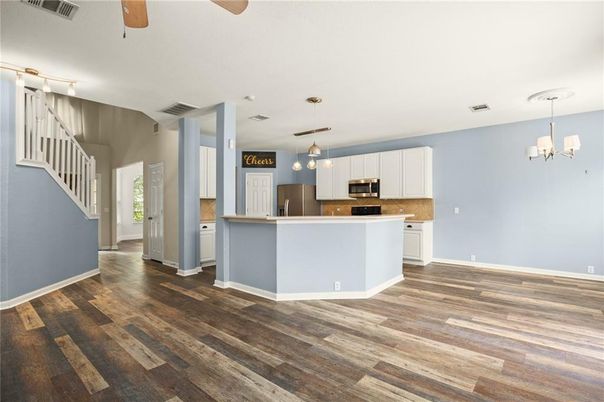 Chandelier, Interior, Kitchen, Pendant Lights, Stainless Steel Appliances, Wood Texture Flooring