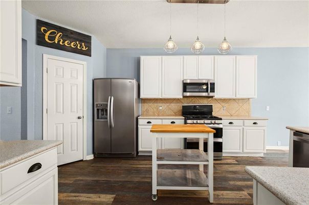 Interior, Kitchen, Pendant Lights, Stainless Steel Appliances, Wood Texture Flooring