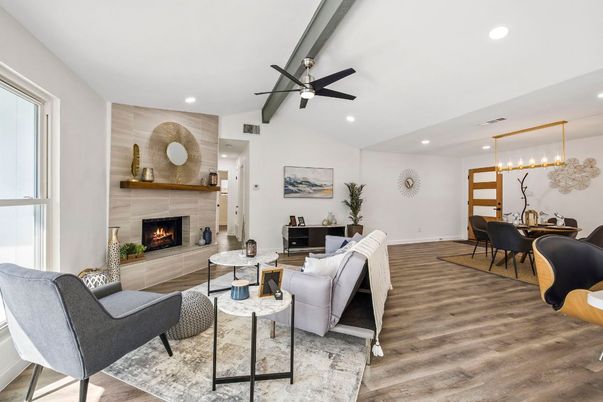 Dining room, Fireplace, Interior, Living room, Pendant Lights, Recessed Lighting, Wood Texture Flooring