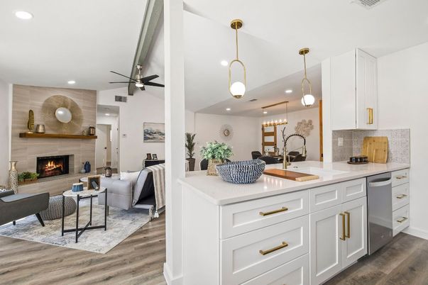 Dining room, Fireplace, Interior, Kitchen, Living room, Pendant Lights, Recessed Lighting, Wood Texture Flooring