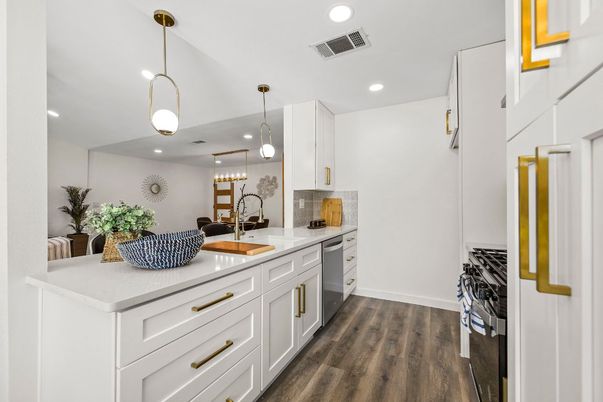 Interior, Kitchen, Pendant Lights, Recessed Lighting, Stainless Steel Appliances, Wood Texture Flooring
