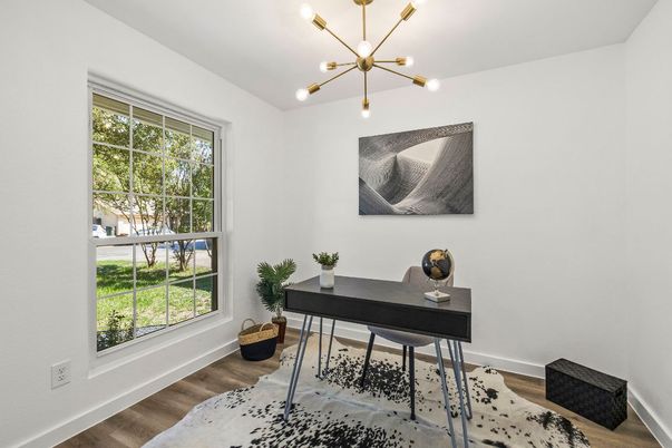 Home Office, Interior, Pendant Lights, Wood Texture Flooring