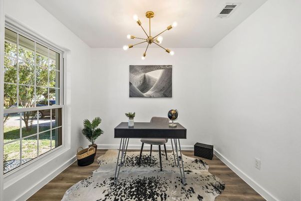 Home Office, Interior, Pendant Lights, Wood Texture Flooring