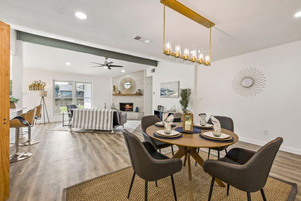 Dining room, Fireplace, Interior, Living room, Pendant Lights, Recessed Lighting, Stone Walls, Wood Texture Flooring