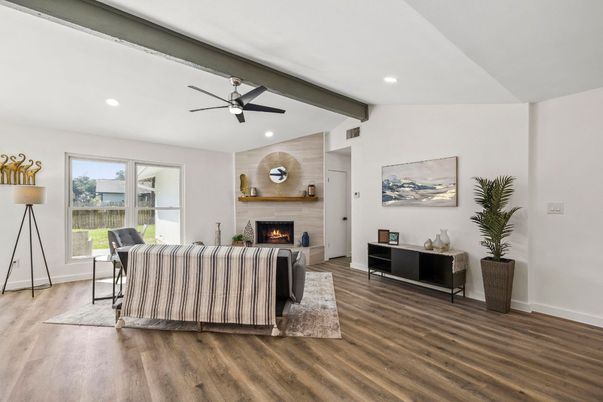 Fireplace, Interior, Living room, Recessed Lighting, Wooden Beams, Wood Texture Flooring