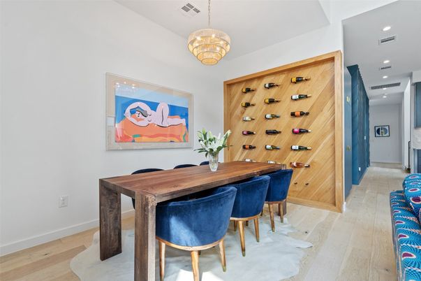 Chandelier, Dining room, Interior, Pendant Lights, Recessed Lighting, Wine Storage, Wood Texture Flooring
