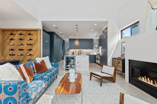 Fireplace, Interior, Kitchen, Living room, Pendant Lights, Recessed Lighting, Stainless Steel Appliances
