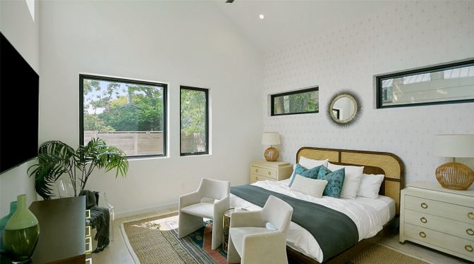 Bedroom, Interior, Recessed Lighting, Wood Texture Flooring