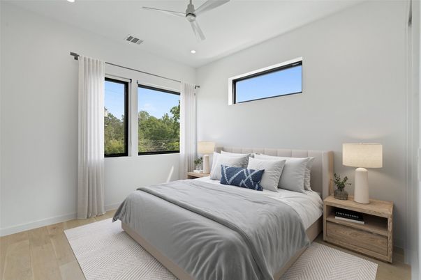 Bedroom, Interior, Recessed Lighting, Wood Texture Flooring