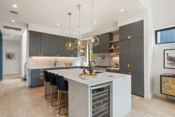 Interior, Kitchen, Pendant Lights, Recessed Lighting, Wood Texture Flooring