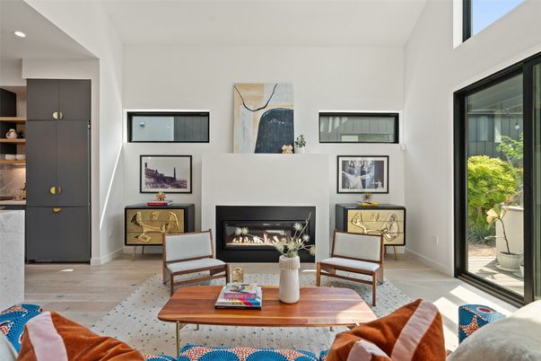Fireplace, Interior, Living room, Recessed Lighting, Wood Texture Flooring