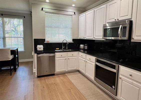 Interior, Kitchen, Recessed Lighting, Stainless Steel Appliances, Wood Texture Flooring