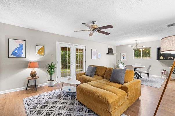 Dining room, Interior, Living room, Pendant Lights, Wood Texture Flooring