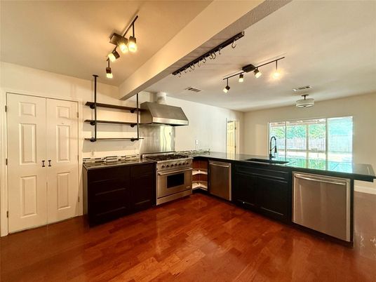 Interior, Kitchen, Stainless Steel Appliances, Wood Texture Flooring