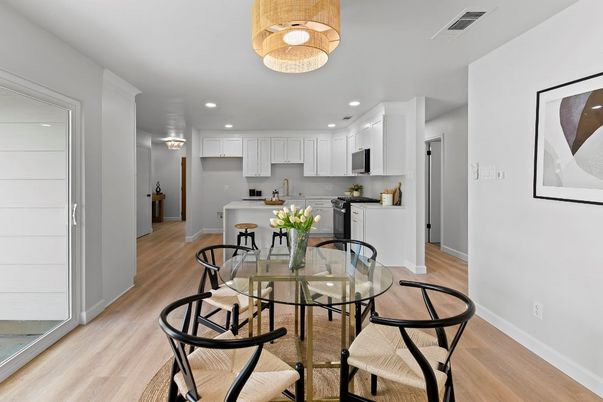 Dining room, Interior, Kitchen, Recessed Lighting, Wood Texture Flooring