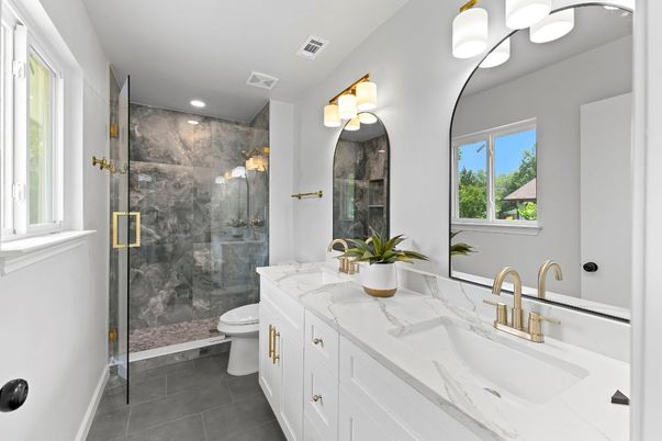 Bathroom, Dual Sink Vanities, Glass Shower, Interior, Marble Walls, Recessed Lighting