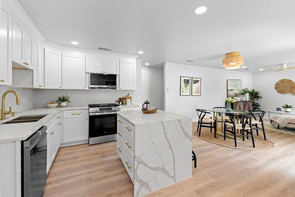 Dining room, Interior, Kitchen, Recessed Lighting, Stainless Steel Appliances, Wood Texture Flooring