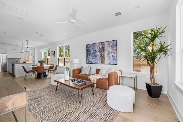 Dining room, Interior, Kitchen, Living room, Pendant Lights, Recessed Lighting, Stainless Steel Appliances, Wood Texture Flooring