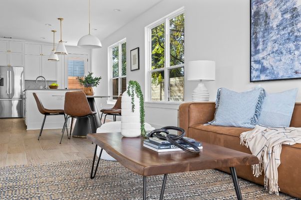 Dining room, Interior, Kitchen, Living room, Pendant Lights, Stainless Steel Appliances, Wood Texture Flooring