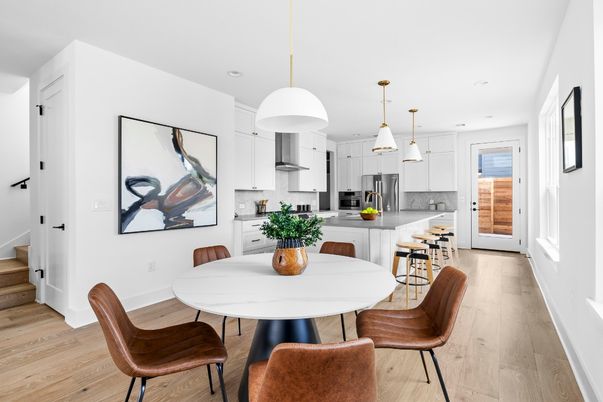 Dining room, Interior, Kitchen, Pendant Lights, Recessed Lighting, Stainless Steel Appliances, Wood Texture Flooring