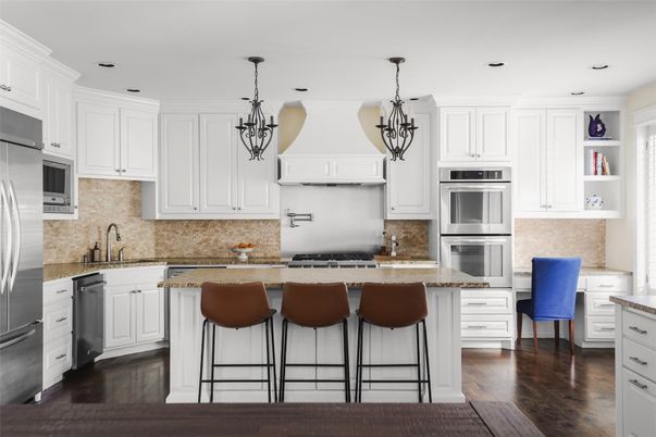 Chandelier, Interior, Kitchen, Pendant Lights, Recessed Lighting, Stainless Steel Appliances, Wood Texture Flooring