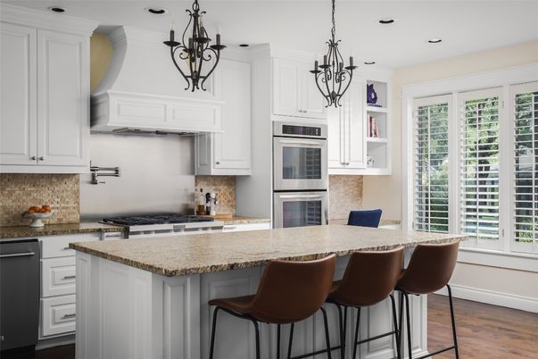 Chandelier, Interior, Kitchen, Pendant Lights, Recessed Lighting, Stainless Steel Appliances, Wood Texture Flooring