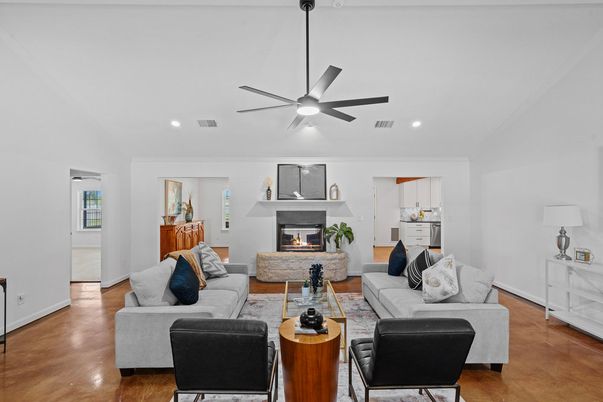 Fireplace, Interior, Living room, Recessed Lighting, Wood Texture Flooring