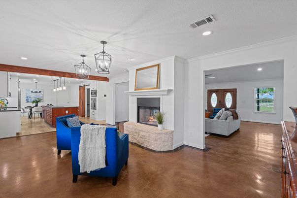 Dining room, Fireplace, Interior, Kitchen, Living room, Pendant Lights, Recessed Lighting