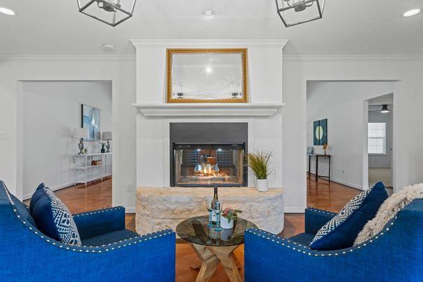 Fireplace, Interior, Living room, Recessed Lighting, Wood Texture Flooring