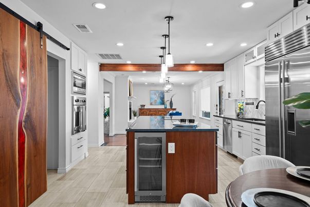 Interior, Kitchen, Pendant Lights, Recessed Lighting, Stainless Steel Appliances, Wood Texture Flooring