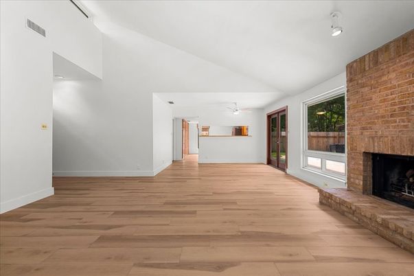 Empty room, Fireplace, Interior, Stone Walls, Wood Texture Flooring