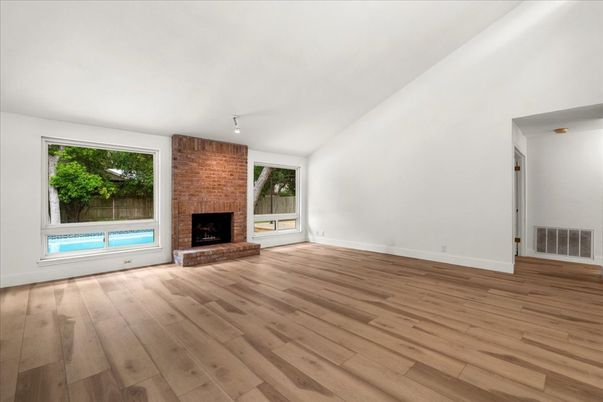 Empty room, Fireplace, Interior, Stone Walls, Wood Texture Flooring