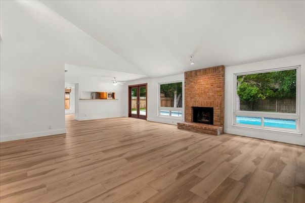 Empty room, Fireplace, Interior, Stone Walls, Wood Texture Flooring