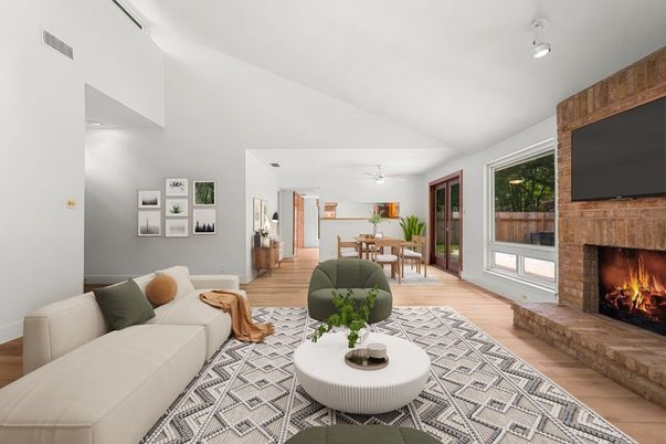 Dining room, Fireplace, Interior, Living room, Wood Texture Flooring