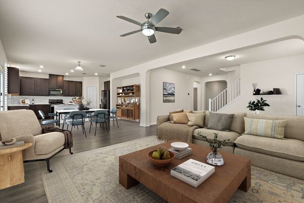 Dining room, Interior, Kitchen, Living room, Pendant Lights, Recessed Lighting, Wood Texture Flooring