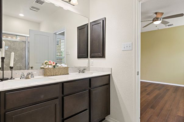 Bathroom, Dual Sink Vanities, Interior, Recessed Lighting, Wood Texture Flooring