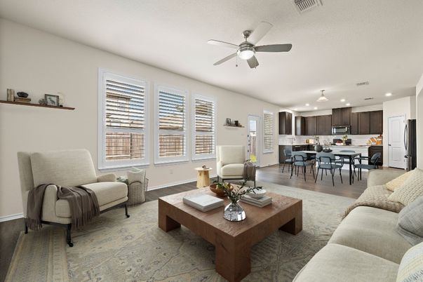 Dining room, Interior, Kitchen, Living room, Recessed Lighting, Wood Texture Flooring