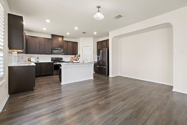 Interior, Kitchen, Pendant Lights, Recessed Lighting, Wood Texture Flooring