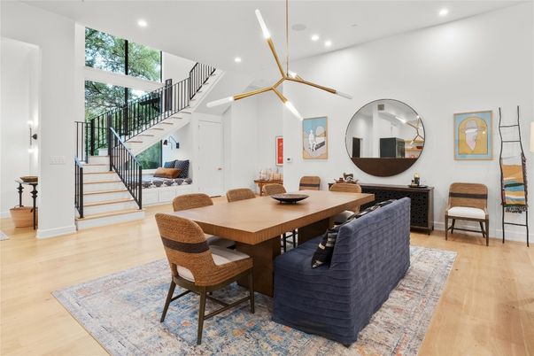 Dining room, Interior, Pendant Lights, Recessed Lighting, Wood Texture Flooring