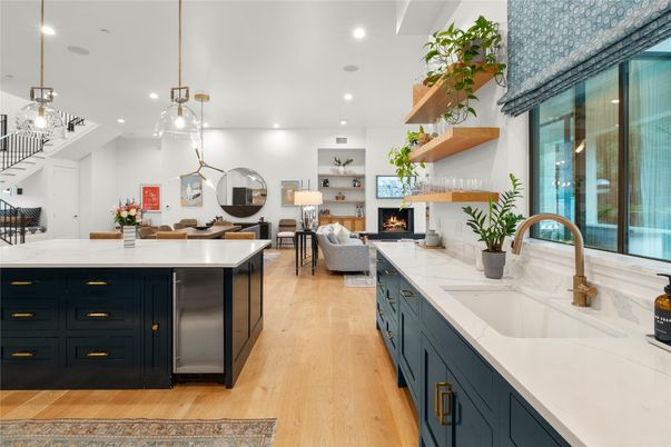 Dining room, Fireplace, Interior, Kitchen, Living room, Pendant Lights, Recessed Lighting, Wood Texture Flooring