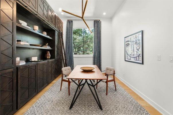 Dining room, Interior, Recessed Lighting, Wood Texture Flooring