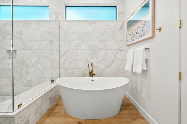 Bathroom, Free Standing Baths, Interior, Marble Walls, Wood Texture Flooring
