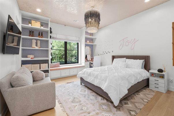 Bedroom, Chandelier, Interior, Recessed Lighting, Wood Texture Flooring