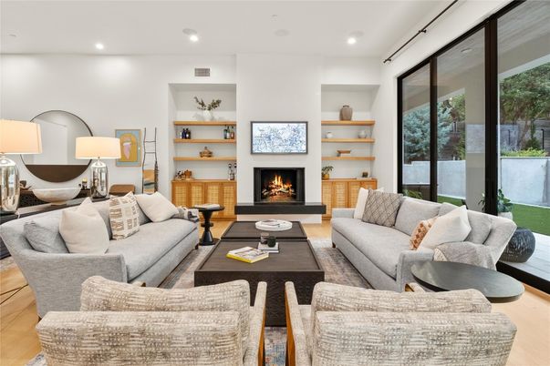 Fireplace, Interior, Living room, Recessed Lighting, Wood Texture Flooring