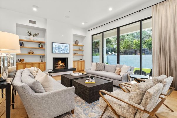 Fireplace, Interior, Living room, Recessed Lighting, Wood Texture Flooring