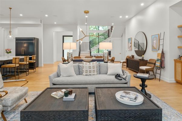 Dining room, Interior, Living room, Pendant Lights, Recessed Lighting, Wood Texture Flooring