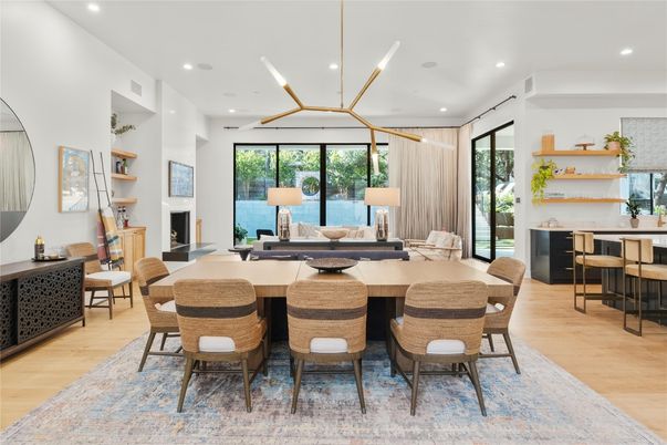 Dining room, Fireplace, Interior, Pendant Lights, Recessed Lighting, Wood Texture Flooring