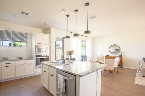 Dining room, Interior, Kitchen, Pendant Lights, Recessed Lighting, Wood Texture Flooring